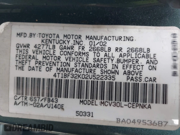 2002 Toyota Camry XLE z VIN 4T1BF32K02U522335, wystawiony jako IAAI lot #42037459 z przebiegiem 214 832 mil mil oraz . Historia ofert i sprzedaży dostępna na DreamBid. Obrazek 9.