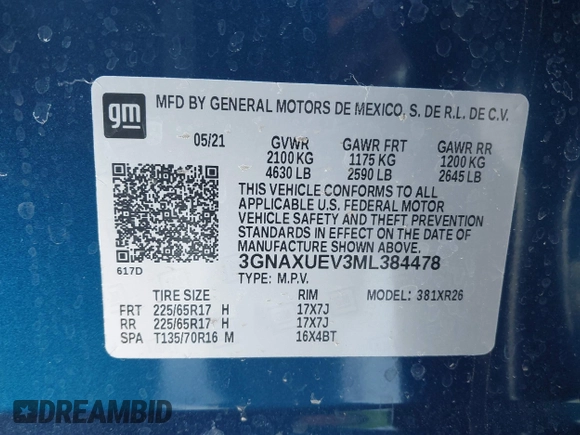 2021 Chevrolet Equinox LT z VIN 3GNAXUEV3ML384478, wystawiony jako IAAI lot #41619576 z przebiegiem 34 176 mil mil oraz . Historia ofert i sprzedaży dostępna na DreamBid. Obrazek 9.