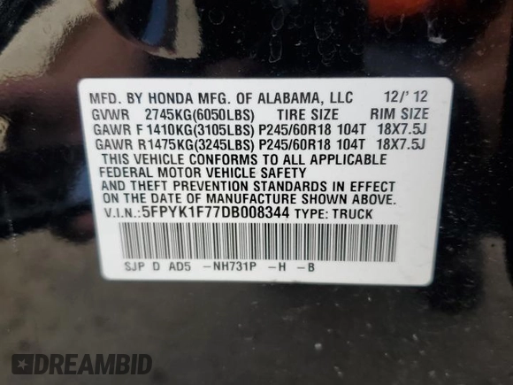 2013 Honda Ridgeline Sport z VIN 5FPYK1F77DB008344, wystawiony jako Copart lot #58704035 z przebiegiem 108 048 mil mil oraz Szkoda całkowita • Salvage title. Historia ofert i sprzedaży dostępna na DreamBid. Obrazek 12.