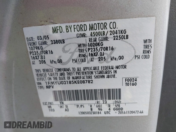 2005 Ford Escape XLT with VIN 1FMYU03185KE08782, listed as a IAAI auction lot 42158663 with 277,242 mi miles and . Bid and sale history available at DreamBid. Image 9.