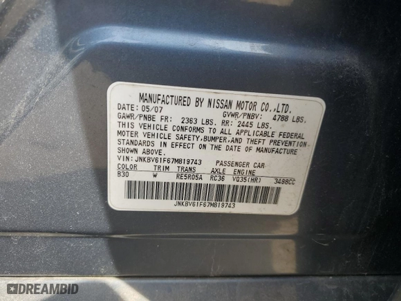 2007 Infiniti G35 Sedan G35x with VIN JNKBV61F67M819743, listed as a Copart auction lot 53145275 with 0 mi miles and Salvage Title. Bid and sale history available at carsss.com. Image 12.