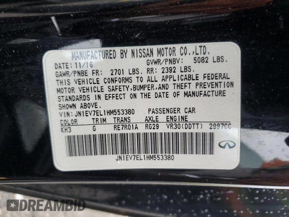 2017 Infiniti Q60 Premium with VIN JN1EV7EL1HM553380, listed as a Copart auction lot 64293185 with 117,258 mi miles and Clean title. Bid and sale history available at DreamBid. Image 12.