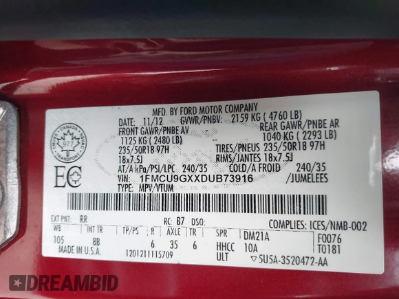 2013 Ford Escape SE with VIN 1FMCU9GXXDUB73916, listed as a IAAI auction lot 42086263 with 176,226 mi miles and . Bid and sale history available at DreamBid. Image 9.