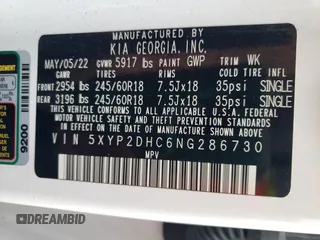 2022 Kia Telluride LX с VIN 5XYP2DHC6NG286730, выставлен на аукционе Copart как лот 59581235 с пробегом 58 569 миль миль и Списание • Salvage title. История ставок и продаж доступна на DreamBid. Изображение 14.