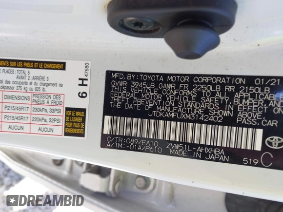 2021 Toyota Prius L Eco z VIN JTDKAMFUXM3142402, wystawiony jako IAAI lot #41665484 z przebiegiem 67 416 mil mil oraz . Historia ofert i sprzedaży dostępna na DreamBid. Obrazek 9.