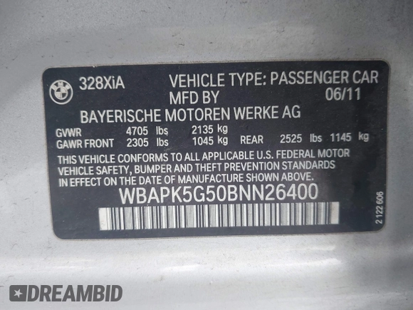 2011 BMW 3 Series 328i xDrive z VIN WBAPK5G50BNN26400, wystawiony jako IAAI lot #41885509 z przebiegiem 190 962 mil mil oraz . Historia ofert i sprzedaży dostępna na DreamBid. Obrazek 9.