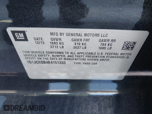 2014 Chevrolet Sonic LT with VIN 1G1JC6SB4E4151333, listed as a IAAI auction lot 41815985 with 112,123 mi miles. Bid and sale history available at carsss.com. Image 9.