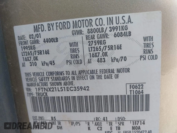 2001 Ford F-250 XL with VIN 1FTNX21L51EC35942, listed as a IAAI auction lot 42189080 with 168,231 mi miles and . Bid and sale history available at DreamBid. Image 9.