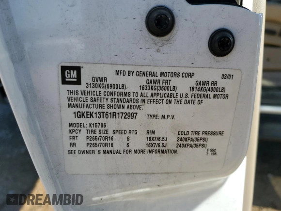 2001 GMC Yukon SLT with VIN 1GKEK13T61R172997, listed as a Copart auction lot 85973324 with 226,652 mi miles and Salvage Title. Bid and sale history available at carsss.com. Image 13.