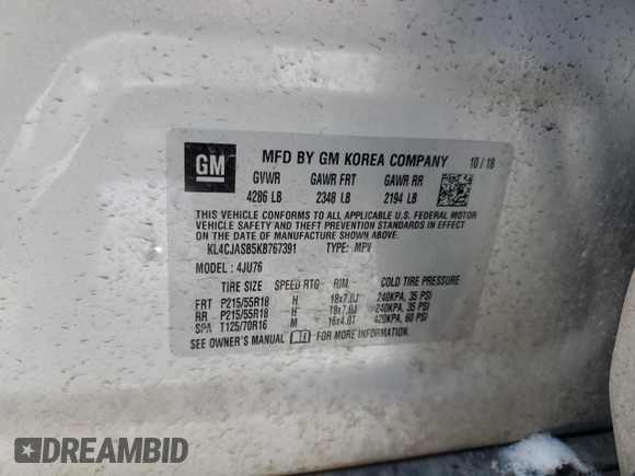 2019 Buick Encore Preferred with VIN KL4CJASB5KB767391, listed as a Copart auction lot 44818555 with 38,422 mi miles and Salvage Title. Bid and sale history available at DreamBid. Image 13.
