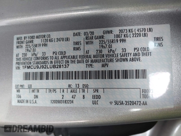 2020 Ford Escape Titanium с VIN 1FMCU9J92LUB28137, выставлен на аукционе IAAI как лот 42370699 с пробегом 53 253 миль миль и . История ставок и продаж доступна на DreamBid. Изображение 9.