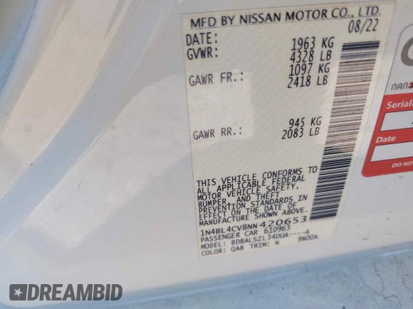 2022 Nissan Altima SR z VIN 1N4BL4CV8NN420653, wystawiony jako IAAI lot #41633021 z przebiegiem 61 284 mil mil oraz . Historia ofert i sprzedaży dostępna na DreamBid. Obrazek 9.