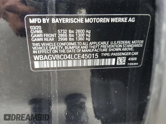 2020 BMW 8 Series M850i with VIN WBAGV8C04LCE45015, listed as a Copart auction lot 73153414 with 25,190 mi miles and Salvage title. Bid and sale history available at DreamBid. Image 13.