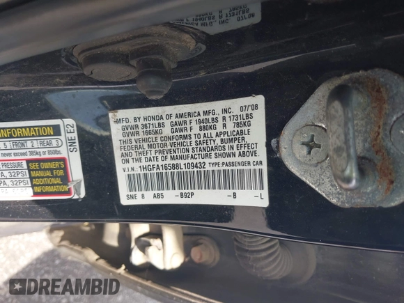 2008 Honda Civic LX with VIN 1HGFA16588L109432, listed as a IAAI auction lot 42090963 with 211,602 mi miles and . Bid and sale history available at DreamBid. Image 9.