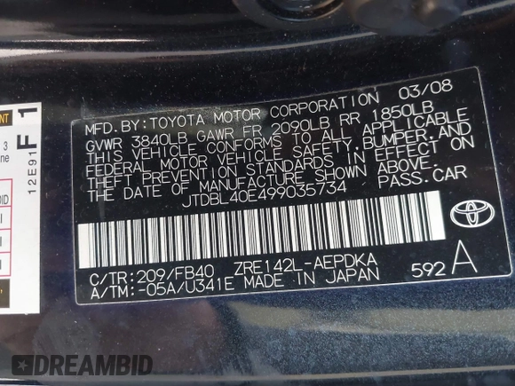 2009 Toyota Corolla with VIN JTDBL40E499035734, listed as a IAAI auction lot 41887480 with 46,511 mi miles. Bid and sale history available at carsss.com. Image 9.