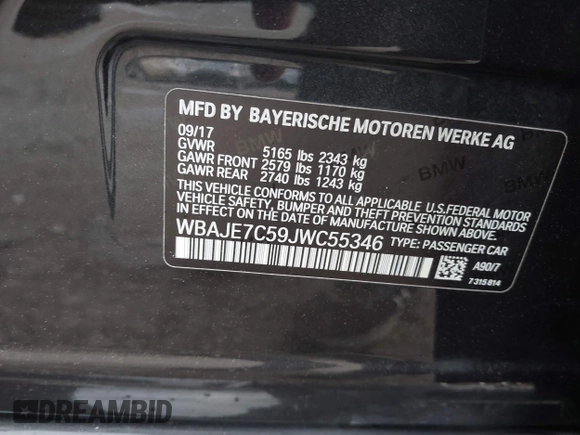 2018 BMW 5 Series 540i xDrive with VIN WBAJE7C59JWC55346, listed as a IAAI auction lot 42300109 with 107,868 mi miles and . Bid and sale history available at DreamBid. Image 9.