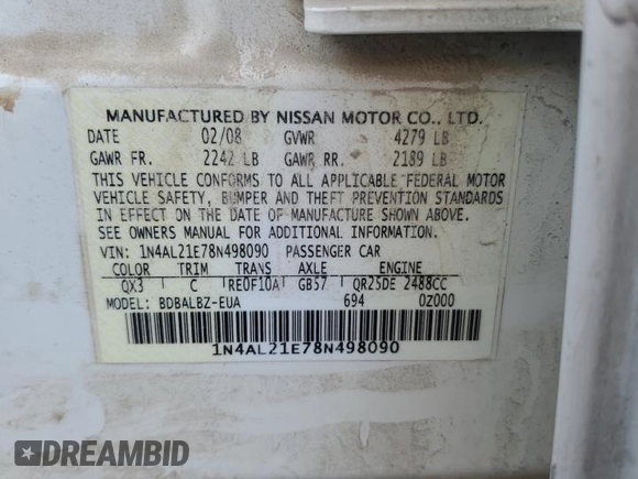2008 Nissan Altima 2.5 S with VIN 1N4AL21E78N498090, listed as a Copart auction lot 45206535 with 0 mi miles and Salvage Title. Bid and sale history available at carsss.com. Image 14.