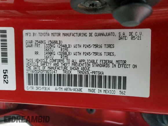 2021 Toyota Tacoma SR с VIN 3TYAX5GN3MT023147, выставлен на аукционе Copart как лот 59775275 с пробегом 42 418 миль миль и Списание • Salvage title. История ставок и продаж доступна на DreamBid. Изображение 12.