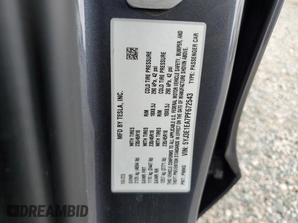2023 Tesla Model 3 с VIN 5YJ3E1EA7PF672543, выставлен на аукционе Copart как лот 60965665 с пробегом 8 370 миль миль и Списание • Salvage title. История ставок и продаж доступна на DreamBid. Изображение 12.