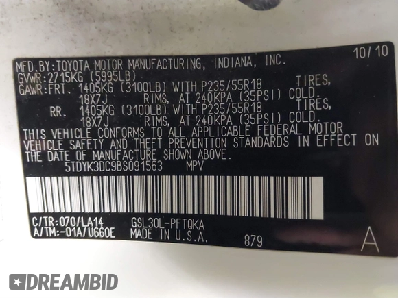 2011 Toyota Sienna XLE AAS with VIN 5TDYK3DC9BS091563, listed as a IAAI auction lot 41393689 with 229,663 mi miles and . Bid and sale history available at DreamBid. Image 9.