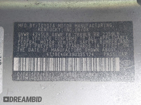 2009 Toyota Camry with VIN 4T1BE46K39U325124, listed as a IAAI auction lot 41924887 with Not Provided miles and . Bid and sale history available at DreamBid. Image 9.