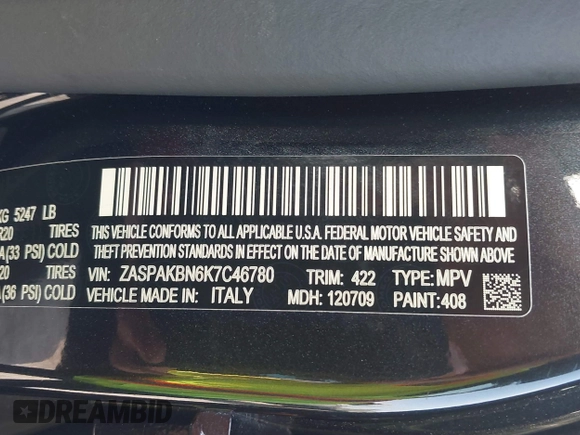 2019 Alfa Romeo Stelvio Ti with VIN ZASPAKBN6K7C46780, listed as a IAAI auction lot 41925163 with Not provided miles and . Bid and sale history available at DreamBid. Image 9.