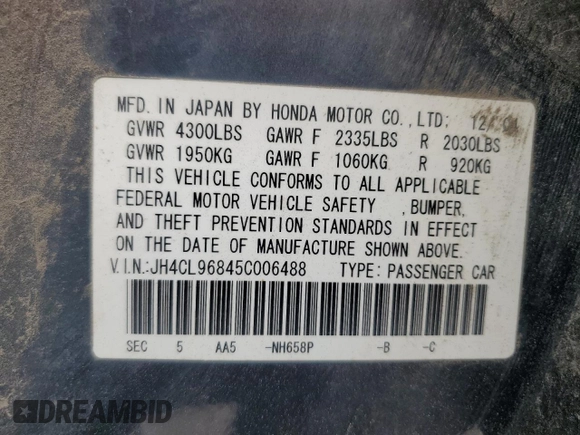2005 Acura TSX with VIN JH4CL96845C006488, listed as a Copart auction lot 64726045 with 195,735 mi miles and Salvage title. Bid and sale history available at DreamBid. Image 12.