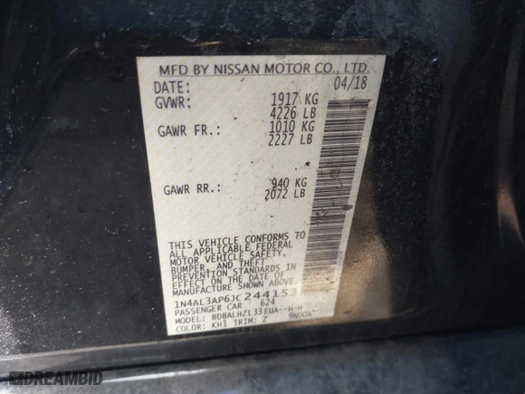 2018 Nissan Altima 2.5 SV with VIN 1N4AL3AP6JC244153, listed as a IAAI auction lot 41658699 with 54,486 mi miles. Bid and sale history available at carsss.com. Image 9.