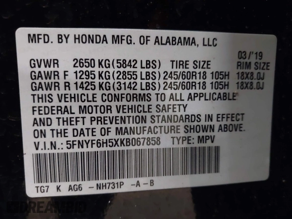 2019 Honda Pilot EX-L with VIN 5FNYF6H5XKB067858, listed as a IAAI auction lot 41643807 with 102,114 mi miles and . Bid and sale history available at carsss.com. Image 9.