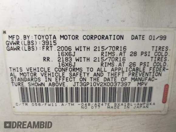 1999 Toyota RAV4 with VIN JT3GP10V2X0037397, listed as a IAAI auction lot 42603598 with 136,207 mi miles and . Bid and sale history available at DreamBid. Image 9.