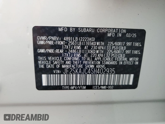 2025 Subaru Forester Wilderness with VIN JF2SKAJC4SH402935, listed as a Copart auction lot 58765835 with 1,867 mi miles and Salvage title. Bid and sale history available at DreamBid. Image 14.