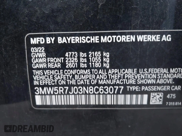 2022 BMW 3 Series 330i xDrive with VIN 3MW5R7J03N8C63077, listed as a IAAI auction lot 41043922 with 51,254 mi miles. Bid and sale history available at carsss.com. Image 9.