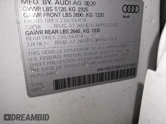 2021 Audi Q3 S line Premium with VIN WA1DECF36M1021600, listed as a IAAI auction lot 41081075 with 40,860 mi miles and . Bid and sale history available at DreamBid. Image 9.