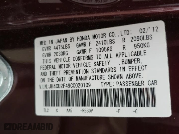 2012 Acura TSX z VIN JH4CU2F49CC020109, wystawiony jako Copart lot #60025305 z przebiegiem 86 333 mil mil oraz Szkoda całkowita • Salvage title. Historia ofert i sprzedaży dostępna na DreamBid. Obrazek 12.
