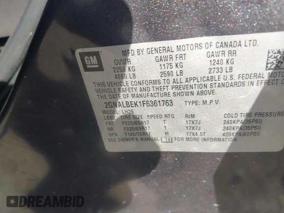 2015 Chevrolet Equinox LT with VIN 2GNALBEK1F6361763, listed as a IAAI auction lot 41649002 with Not Provided miles. Bid and sale history available at carsss.com. Image 9.