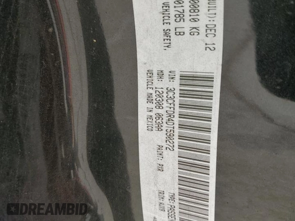 2013 FIAT 500 Pop with VIN 3C3CFFDR4DT590272, listed as a Copart auction lot 47265165 with 73,734 mi miles and Salvage title. Bid and sale history available at DreamBid. Image 12.