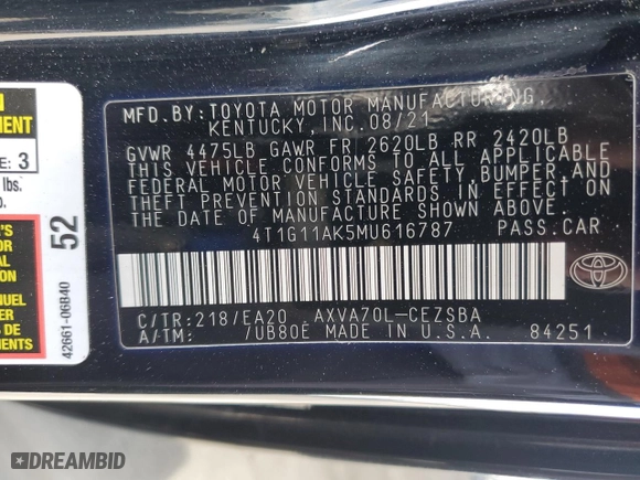 2021 Toyota Camry SE Nightshade with VIN 4T1G11AK5MU616787, listed as a Copart auction lot 46758405 with 79563 miles and Salvage Title. Bid and sale history available at carsss.com. Image 12.
