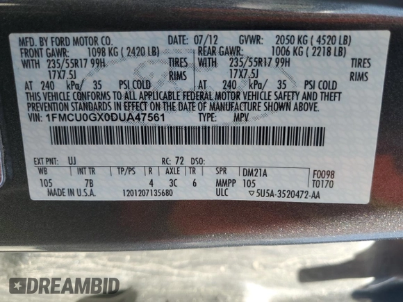 2013 Ford Escape SE с VIN 1FMCU0GX0DUA47561, выставлен на аукционе Copart как лот 58229785 с пробегом 177 339 миль миль и Чистый • Clean title. История ставок и продаж доступна на DreamBid. Изображение 13.