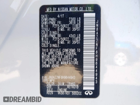2017 Infiniti QX80 with VIN JN8AZ2NF8H9644943, listed as a IAAI auction lot 40853374 with 68,877 mi miles and . Bid and sale history available at DreamBid. Image 9.