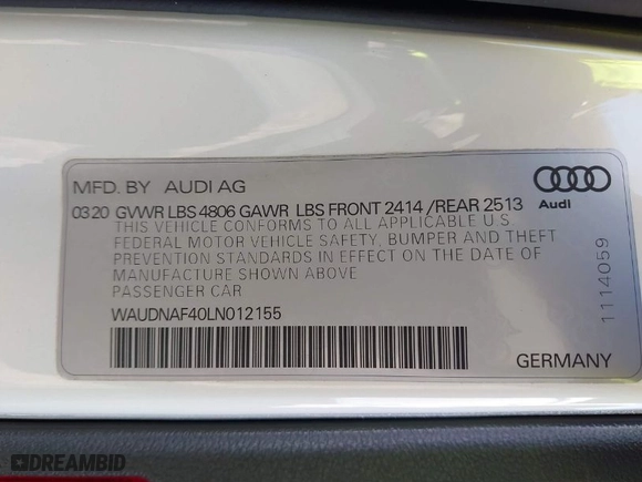 2020 Audi A4 Sedan Premium with VIN WAUDNAF40LN012155, listed as a IAAI auction lot 41665494 with NaN miles. Bid and sale history available at carsss.com. Image 9.