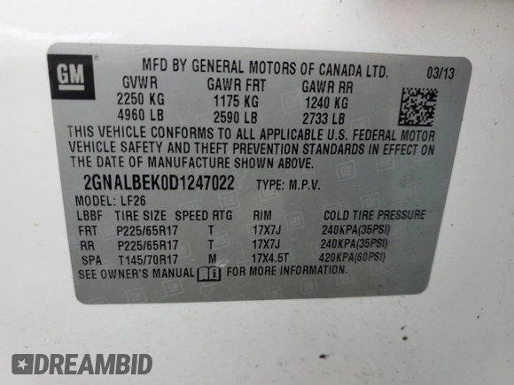 2013 Chevrolet Equinox LS z VIN 2GNALBEK0D1247022, wystawiony jako Copart lot #50737735 z przebiegiem 157 841 mil mil oraz Szkoda całkowita • Salvage title. Historia ofert i sprzedaży dostępna na DreamBid. Obrazek 13.