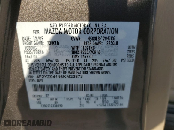 2006 Mazda Tribute S with VIN 4F2YZ04116KM23873, listed as a Copart auction lot 79926084 with 67,142 mi miles and Salvage Title. Bid and sale history available at DreamBid. Image 13.
