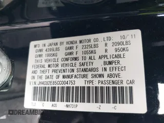 2012 Acura TSX Special Edition with VIN JH4CU2E85CC004753, listed as a IAAI auction lot 42490602 with 165,107 mi miles and . Bid and sale history available at DreamBid. Image 9.