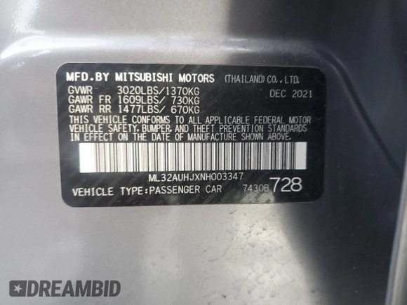 2022 Mitsubishi Mirage ES with VIN ML32AUHJXNH003347, listed as a Copart auction lot 44805205 with 48,546 mi miles and Salvage title. Bid and sale history available at DreamBid. Image 14.