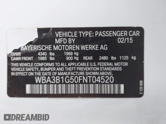 2015 BMW 3 Series 320i with VIN WBA3B1G50FNT04520, listed as a IAAI auction lot 41343158 with 172,688 mi miles. Bid and sale history available at carsss.com. Image 9.