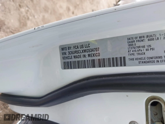 2021 Ram 2500 Tradesman с VIN 3C6UR5CLXMG534707, выставлен на аукционе IAAI как лот 41410710 с пробегом 78 202 миль миль и . История ставок и продаж доступна на DreamBid. Изображение 9.