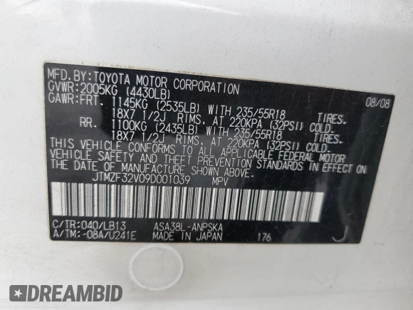 2009 Toyota RAV4 Sport with VIN JTMZF32V09D001039, listed as a Copart auction lot 51010565 with 147,833 mi miles and Clean title. Bid and sale history available at DreamBid. Image 13.