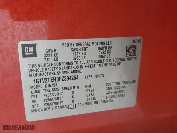 2015 GMC Sierra 1500 with VIN 1GTV2TEH0FZ394264, listed as a Copart auction lot 86523354 with 167,054 mi miles and Clean Title. Bid and sale history available at carsss.com. Image 12.