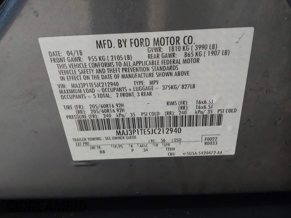 2018 Ford EcoSport SE with VIN MAJ3P1TE5JC212940, listed as a IAAI auction lot 42182081 with 34,491 mi miles. Bid and sale history available at carsss.com. Image 9.