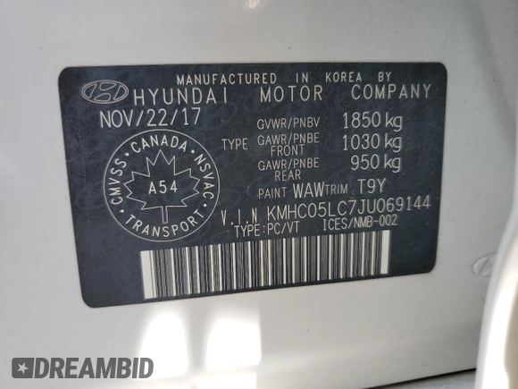 2018 Hyundai Ioniq Limited with VIN KMHC05LC7JU069144, listed as a Copart auction lot 61440105 with 221,779 mi miles and Salvage title. Bid and sale history available at DreamBid. Image 13.